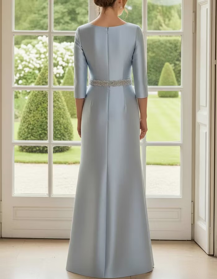 Light Blue Boat Neck 3/4 Sleeve Satin Maxi Dress