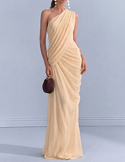 Chiffon One-Shoulder Fitted Waist Fishtail Maxi Dress