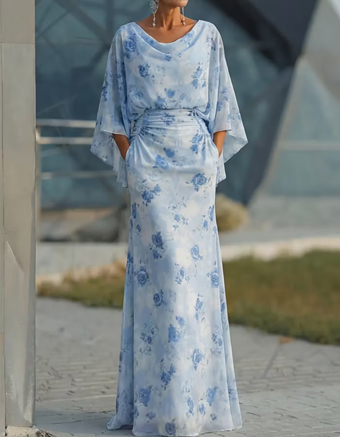 Sky Blue Floral Chiffon Batwing Sleeve Pleated Maxi Dress