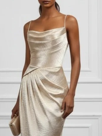 Champagne Ruched Satin Spaghetti Sleeveless Mermaid Gown Dress