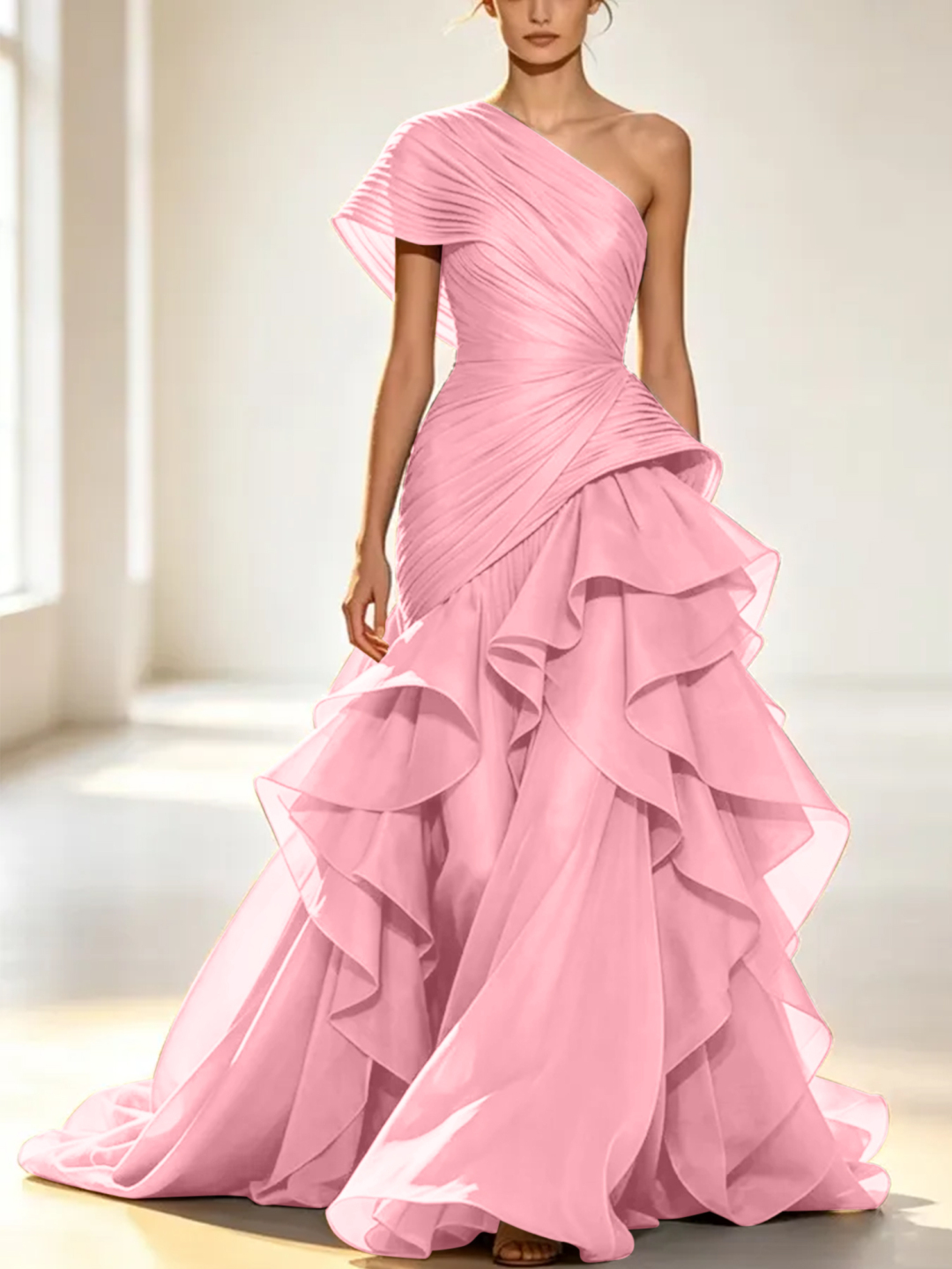 Grey One-Shoulder Pleated Organza Maxi Dress with Tiered Ruffle Skirt