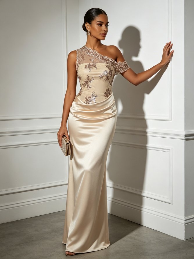 Champagne Lace Ruched Satin One Shoulder Asymmetrical Mermaid Floor-length Gown Dress