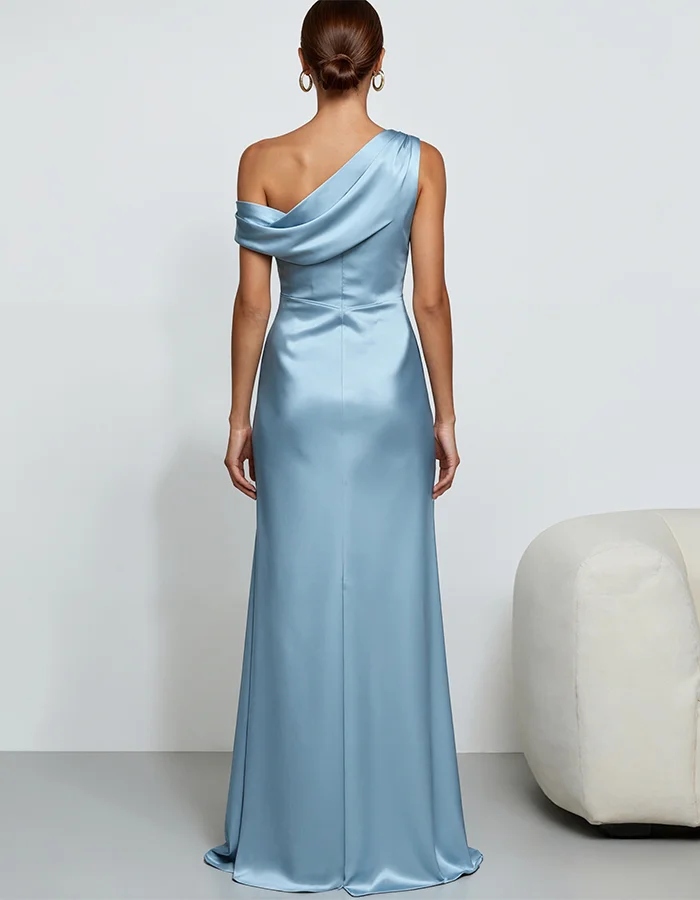 Blue Off Shoulder Twisted Satin High Slit Maxi Dress