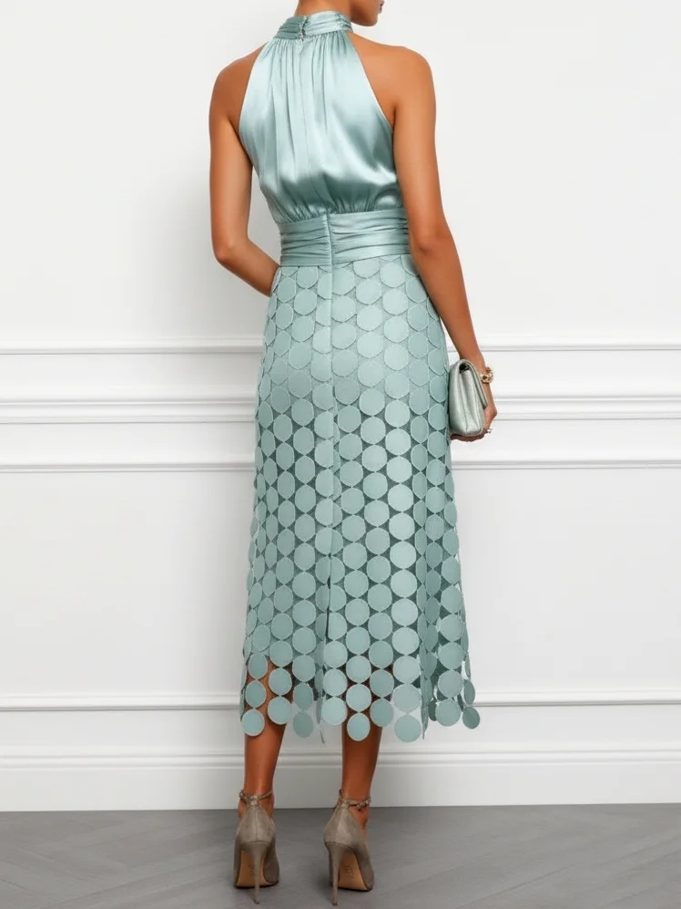 Women Light Green Ruched Halter Neck Sleeveless Dressy Top With Skirt Two-Piece Set