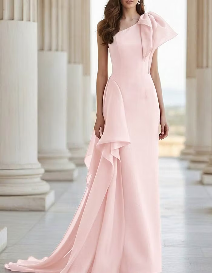 Light Pink Chiffon One-Shoulder Side Ruffle Overlay Maxi Dress