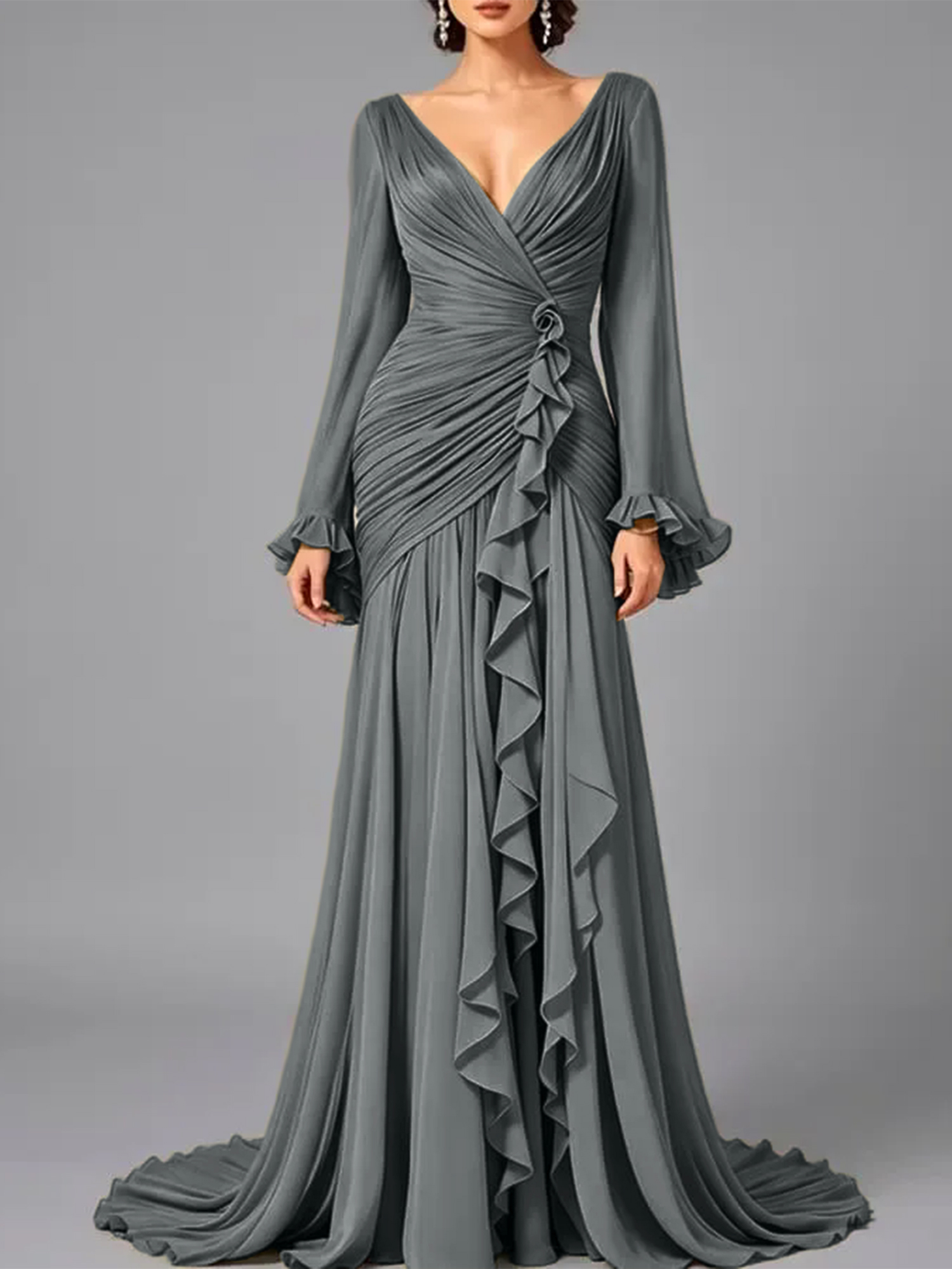 V-Neck Sheer Long Sleeve Ruffled Chiffon Dress