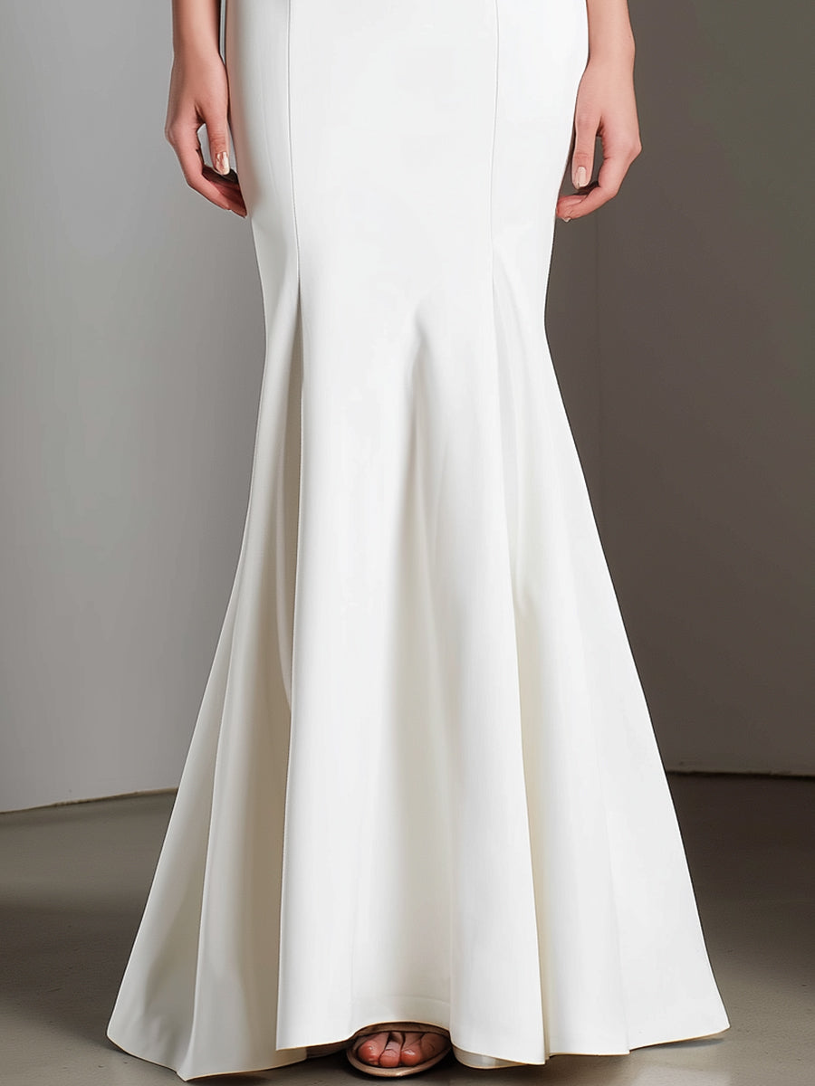 White Mandarin Collar Mermaid Dress With Keyhole Detail