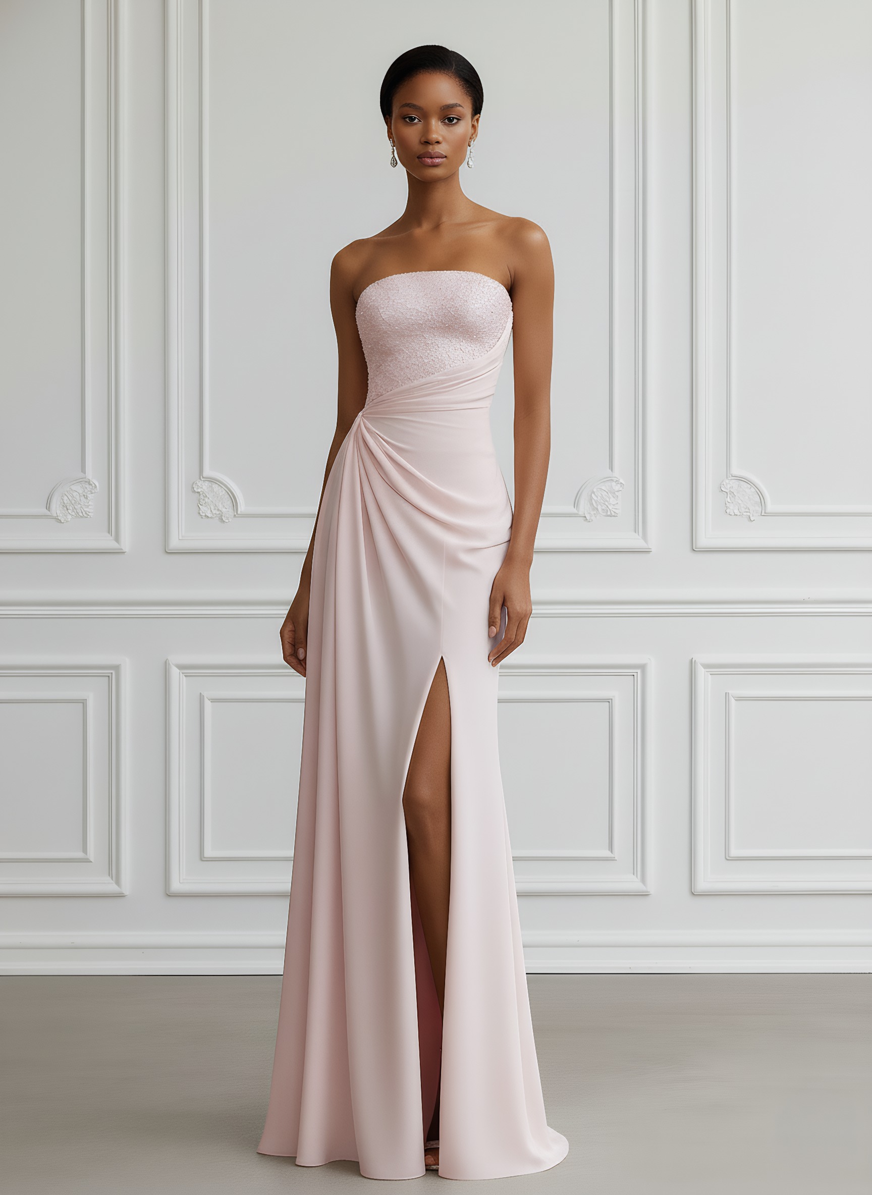 Pink Ruched Slit Knit Strapless Sleeveless Bodycon Gown Dress