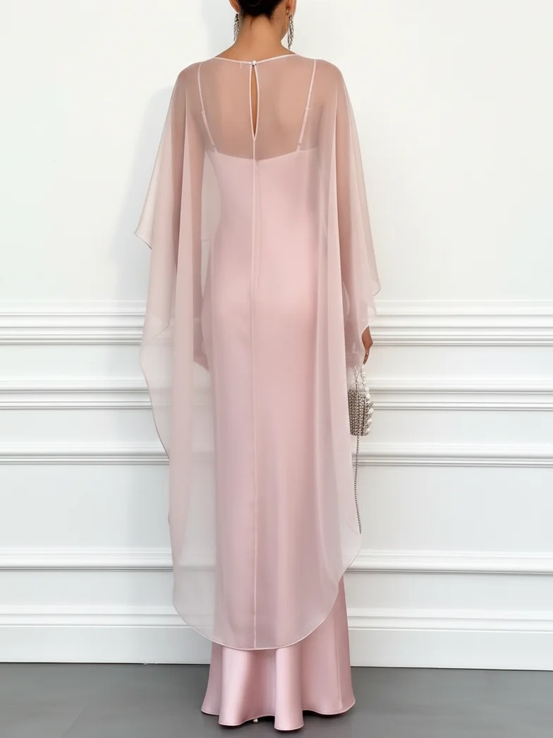 Pink Satin Boat Neck Cap Sleeve Mermaid Floor-length Gown Dress