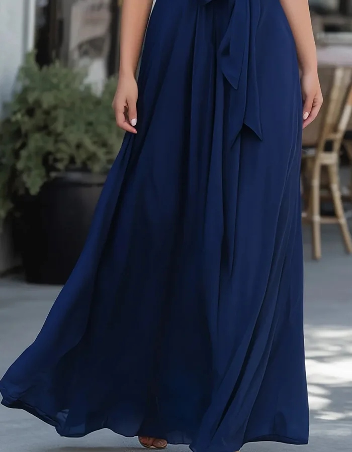 Navy Blue A-Line Chiffon Halter Neck Maxi Dress