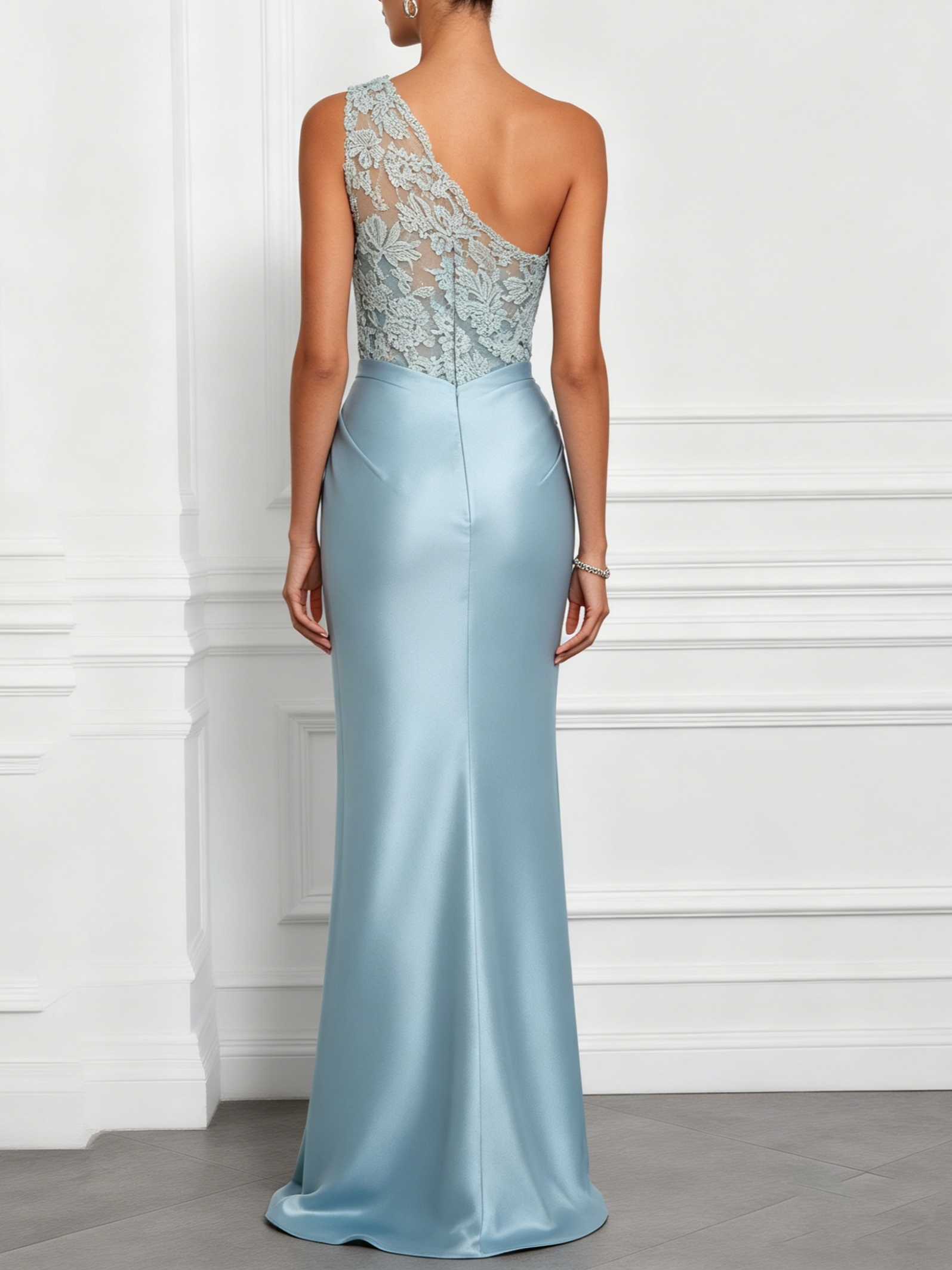 Light Blue Lace Embroidery Ruched Satin One Shoulder Sleeveless Mermaid Floor-length Gown Dress
