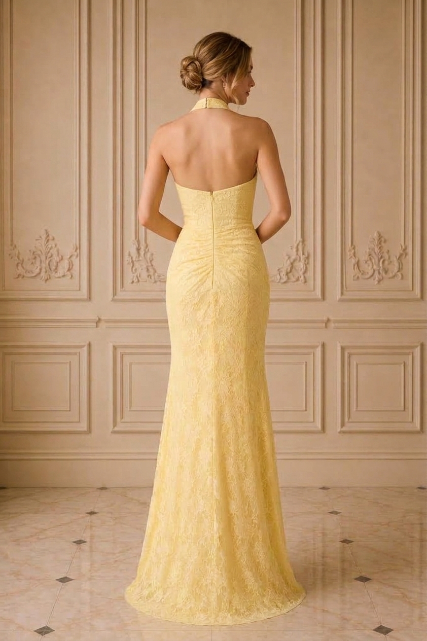 Yellow Lace Halter Mermaid Evening Dress With High Slit