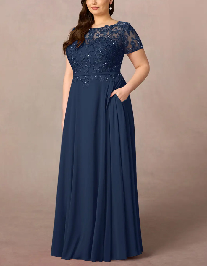 Dark Navy Sequined Chiffon A-Line Maxi Dress