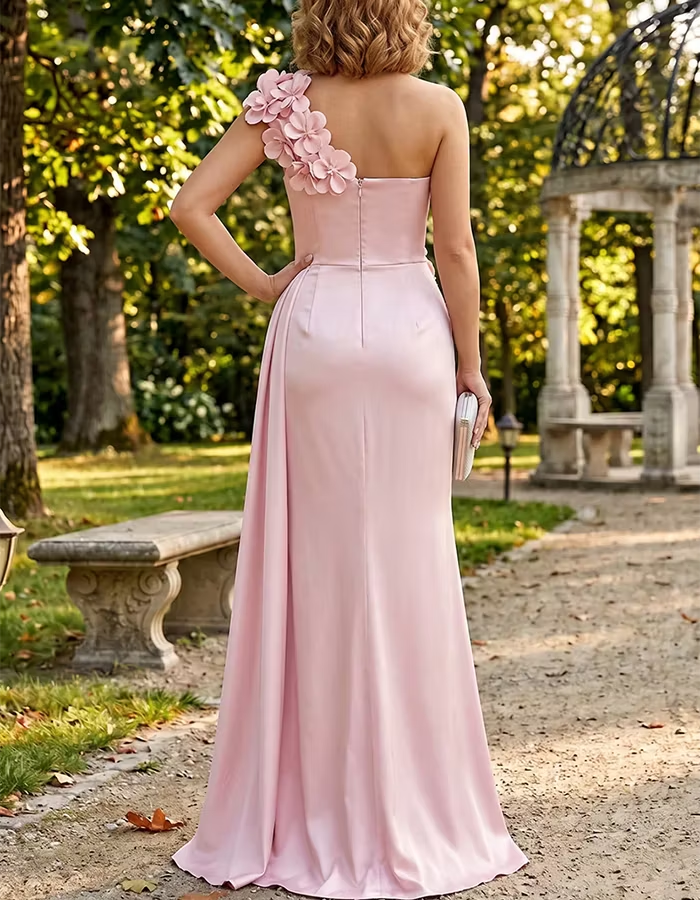 Blush Pink One-Shoulder 3D Floral Evening Dress