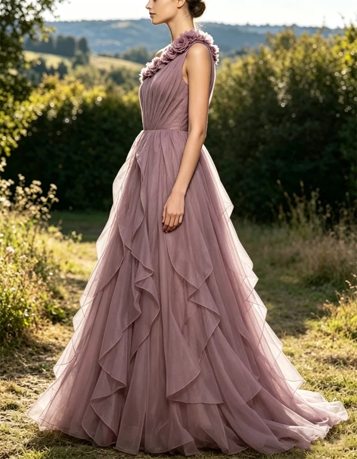 Pale Purple One-shoulder 3D Floral-embellished Maxi Dress