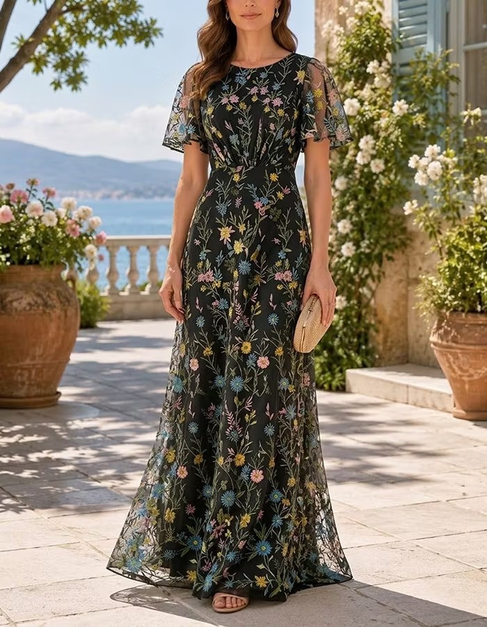 Sage Green Round Neck Flutter Sleeve Floral Embroidery Tulle Maxi Dress
