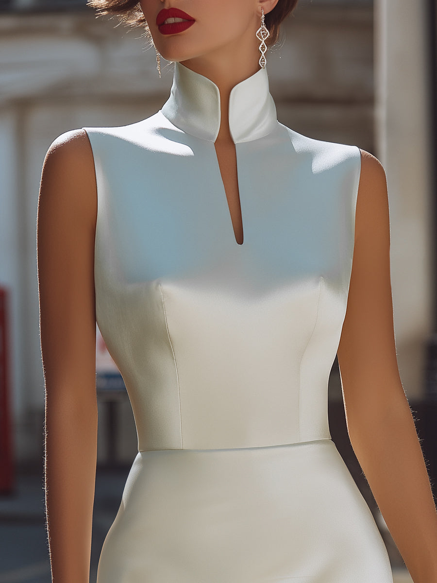 High-Neck Sleeveless Slit Midi Dress