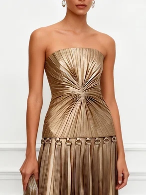 Golden Pleated Grommets Satin Strapless Sleeveless A-Line Maxi Dress