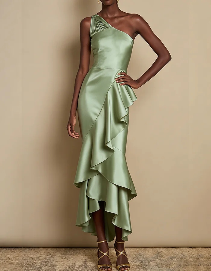 Blush Pink One-Shoulder Ruffled Satin Midi Dress