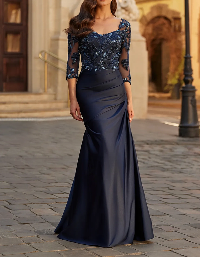 Navy Blue Beaded Lace & Satin Mermaid Maxi Dress