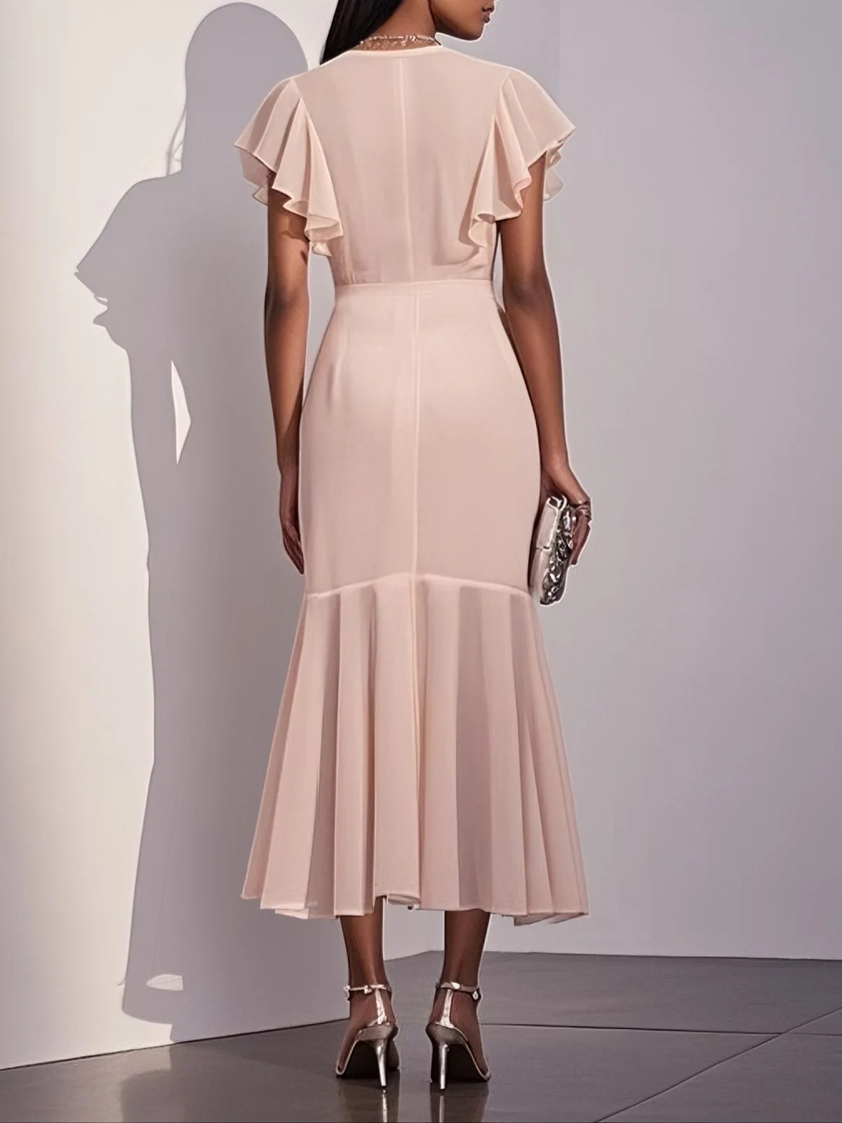 Pink Shirred Ruched Chiffon Lotus Leaf Collar Cap Sleeve Ruffle Sleeve Mermaid Midi Dress