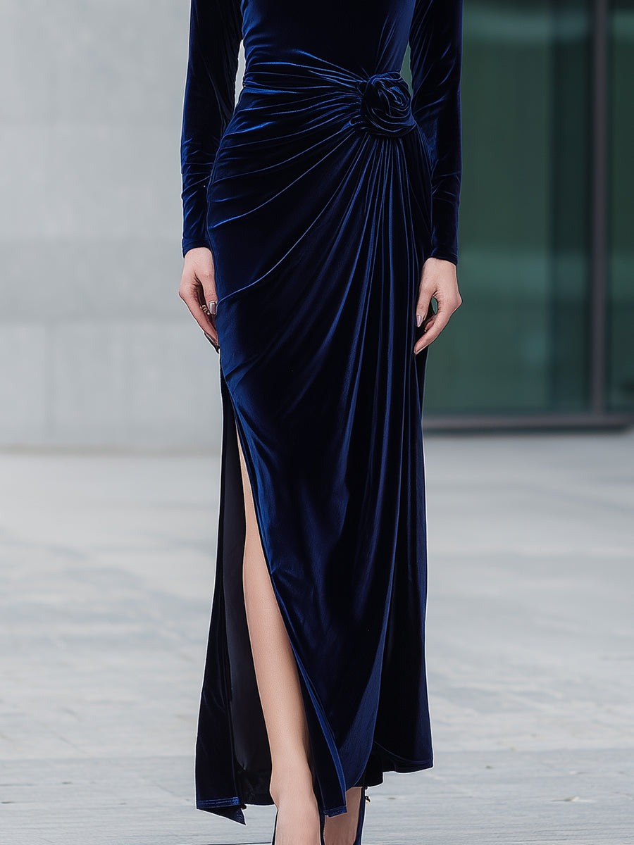Velvet High-Neck Ruched Evening Gown