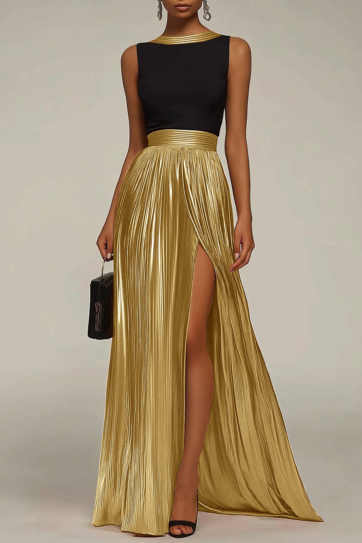 Evening Formal Dress Black Gold Round Neck Sleeveless Pleated Maxi Dress