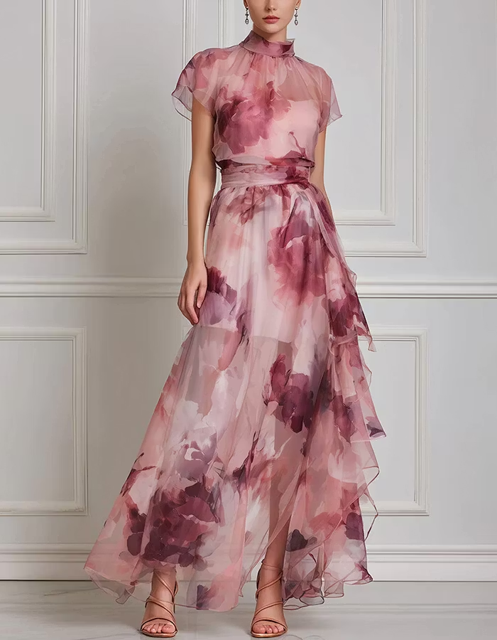 Pink Floral Print High Neck Chiffon Maxi Dress