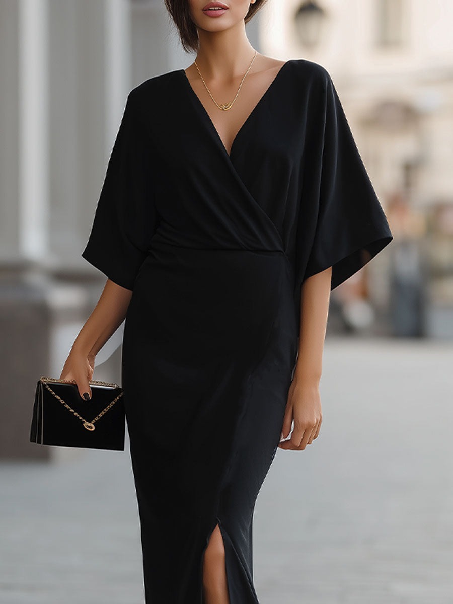 Chic Black Wrap Dress With High Slit