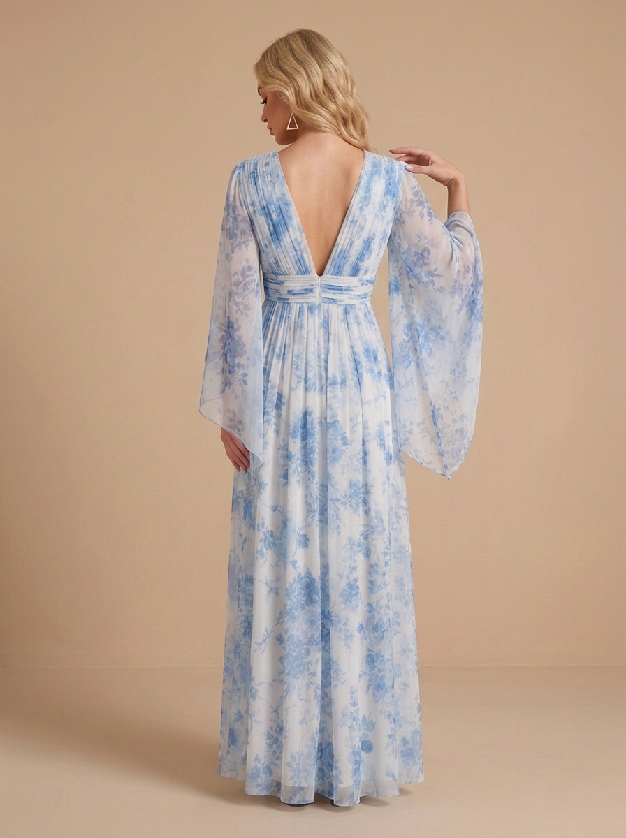 Blue & White Floral Print Deep V-Neck Bell Sleeve Chiffon Maxi Dress