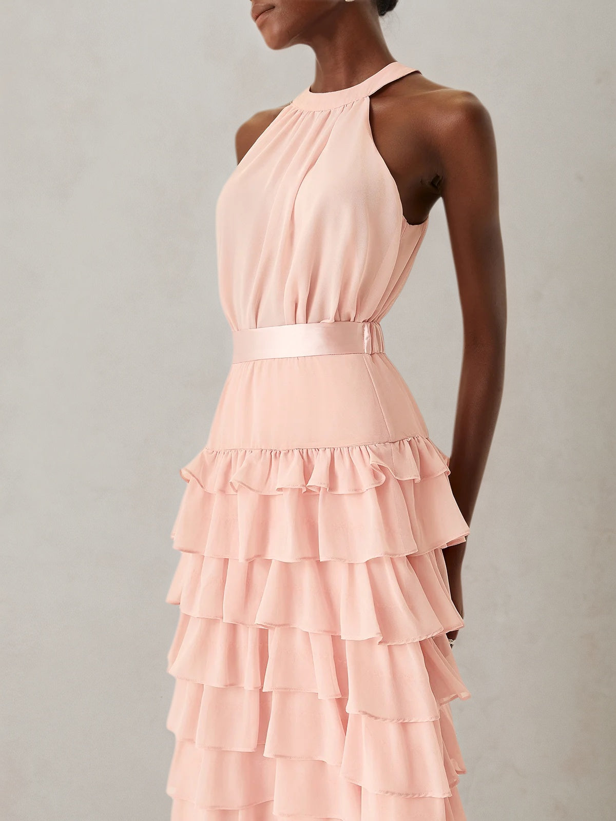 Pink Peplum Tiered Chiffon Halter Sleeveless A-Line Maxi Two-piece Dress