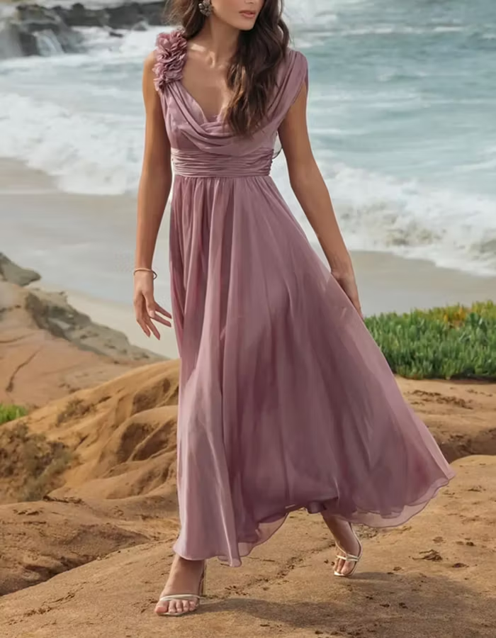 Asymmetrical Draped Chiffon Midi Dress
