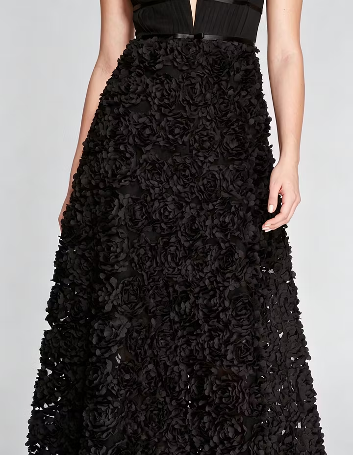 Black Chiffon Floral Mesh Fitted Waist A-line Maxi Dress