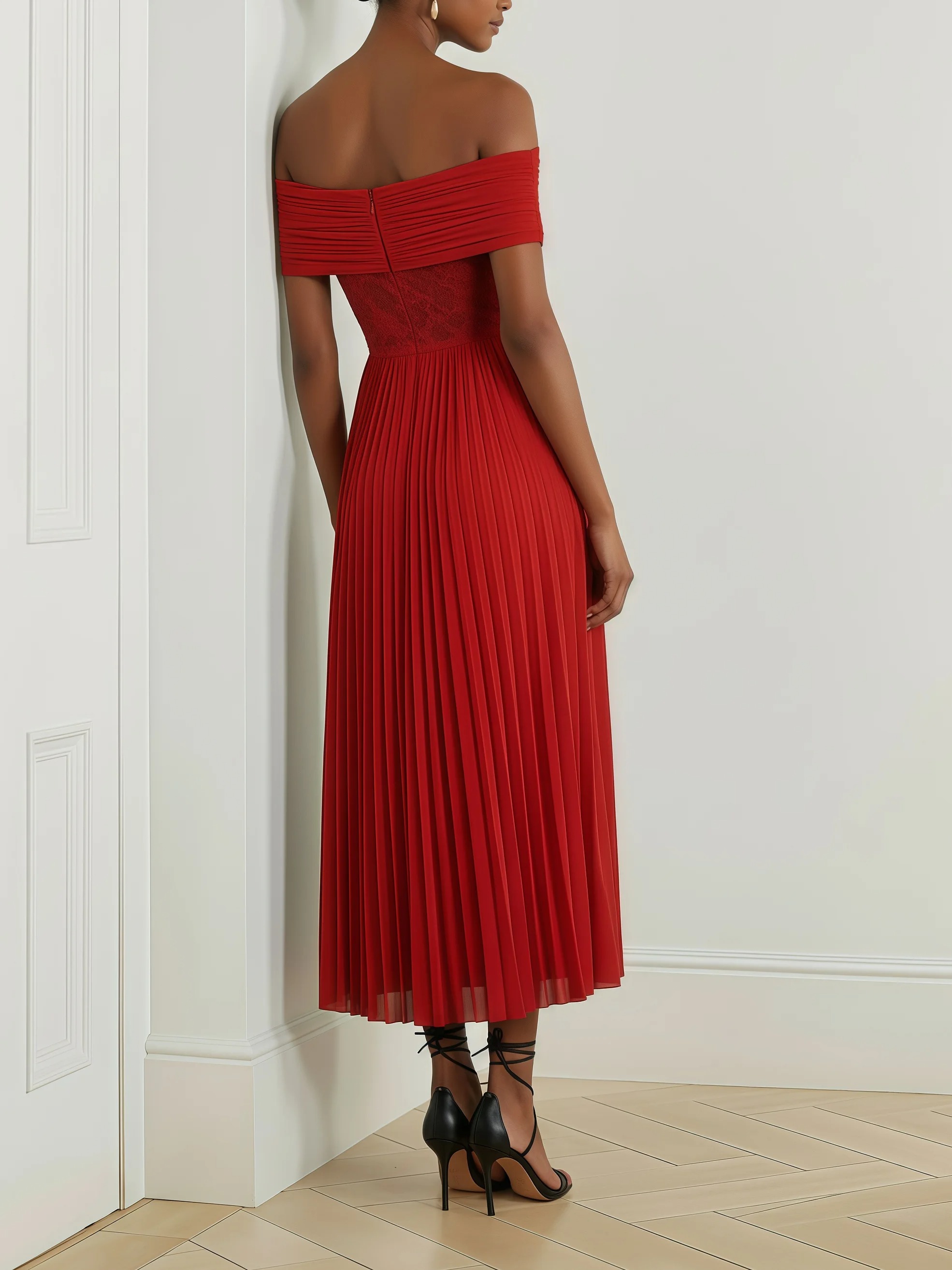 Red Pleated Knit Off The Shoulder Sleeveless A-Line Midi Dress