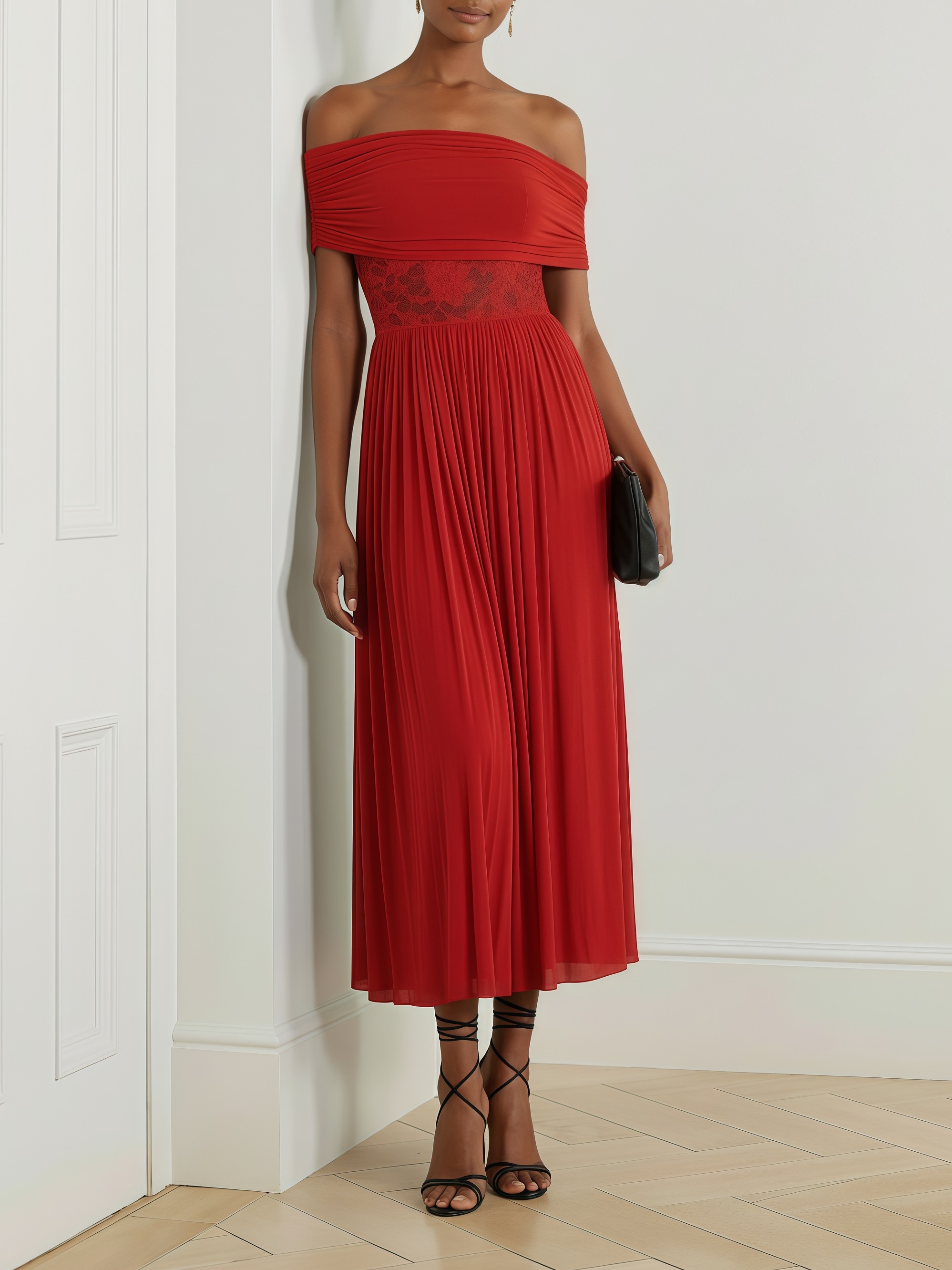 Red Pleated Knit Off The Shoulder Sleeveless A-Line Midi Dress