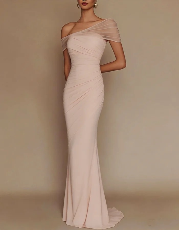 Dusty Pink One-Shoulder Mesh-Patched Pleated Mermaid Maxi Dress