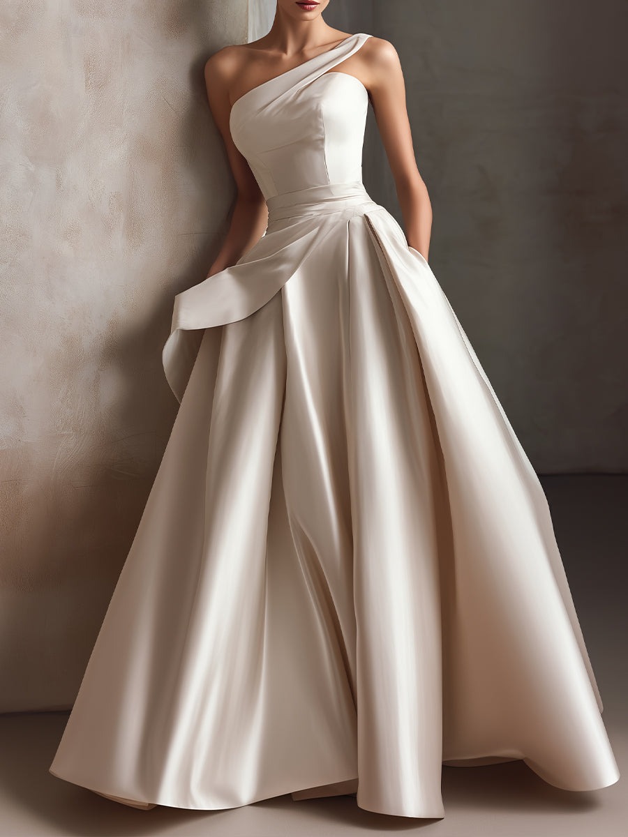 Champagne  One-Shoulder Sculpted Pleated Ball Gown