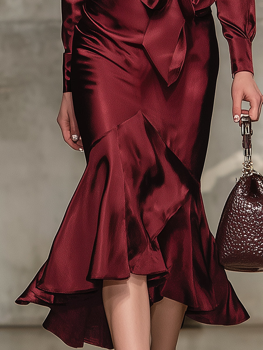 Elegant Burgundy V-neck Midi Dress With Bow Tie Detail