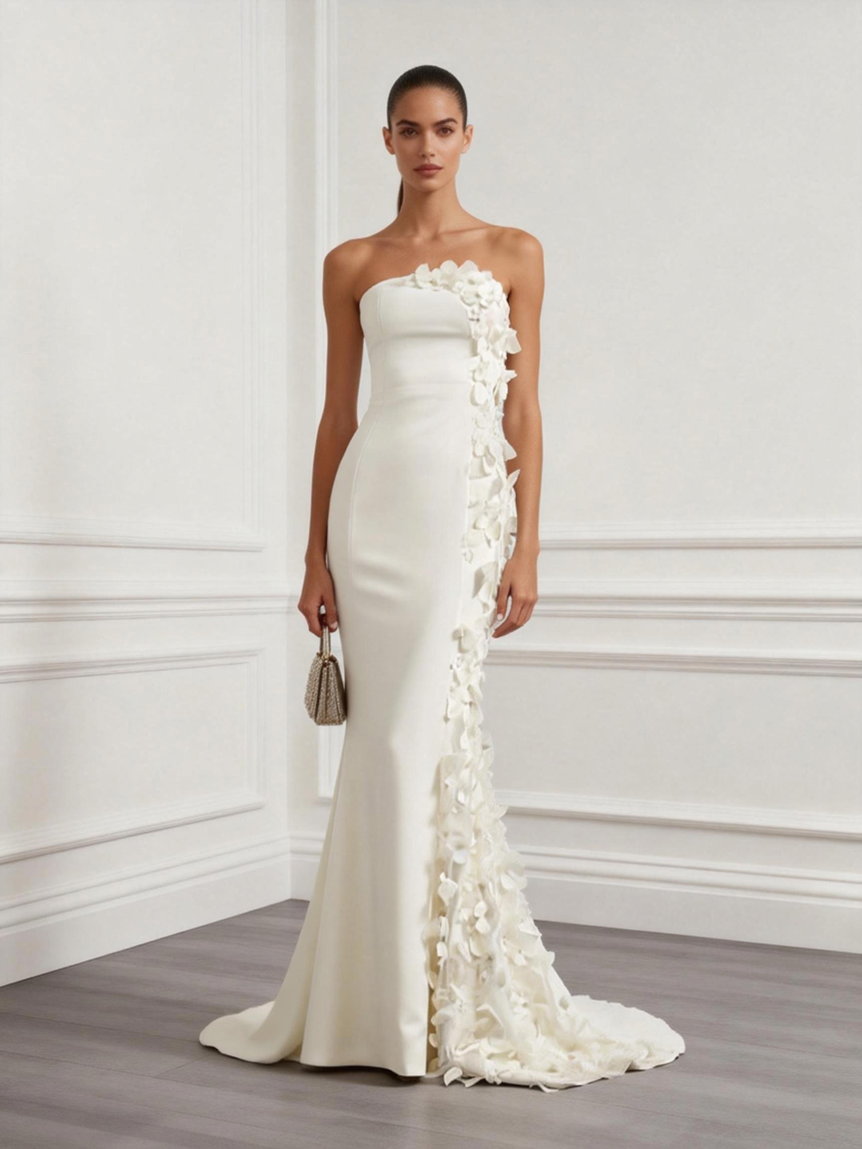 Strapless Mermaid Wedding Dress with Asymmetrical Cascading 3D Floral Appliques
