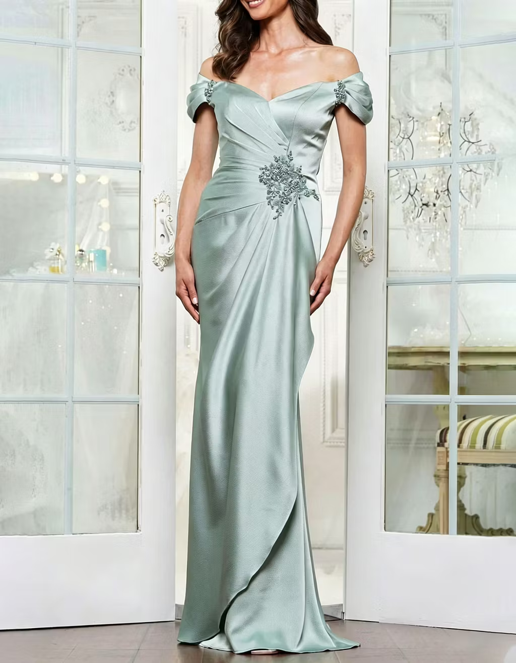 Satin Lace Embroidered Off-Shoulder Maxi Dress