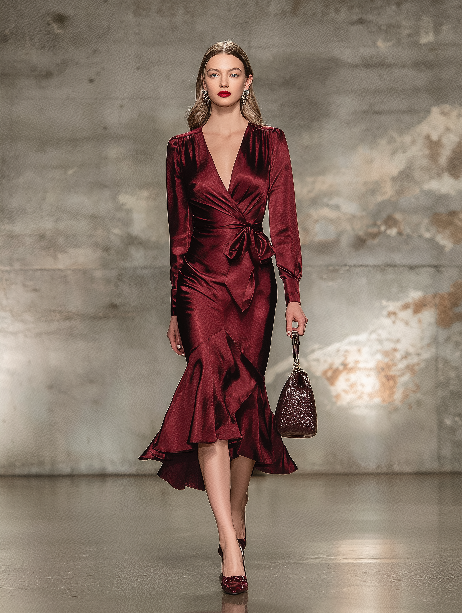 Elegant Burgundy V-neck Midi Dress With Bow Tie Detail