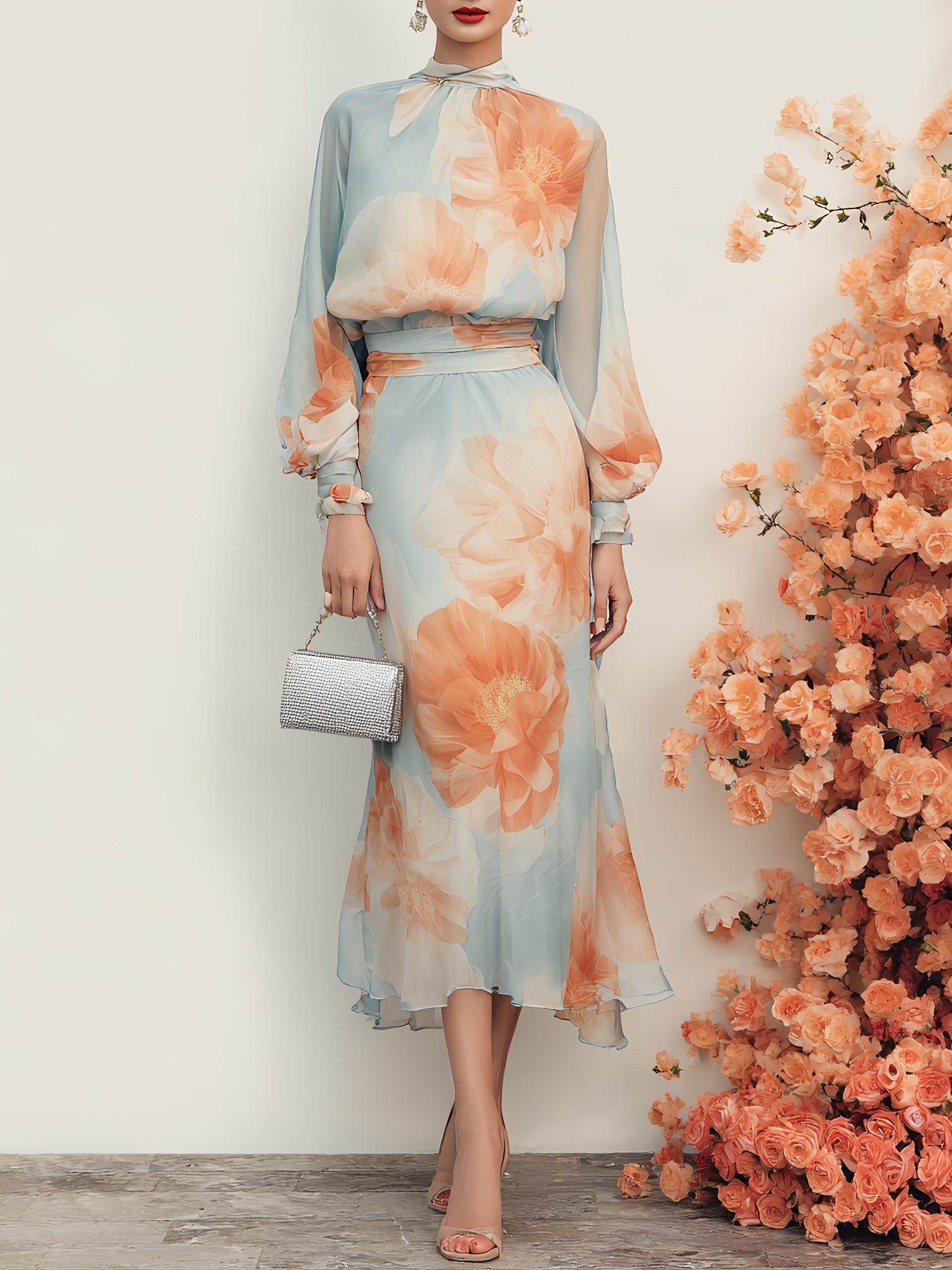 Women Light Blue Floral Mock Neck Long Sleeve Balloon Sleeve Romantic Top With Skirt Two-Piece Set