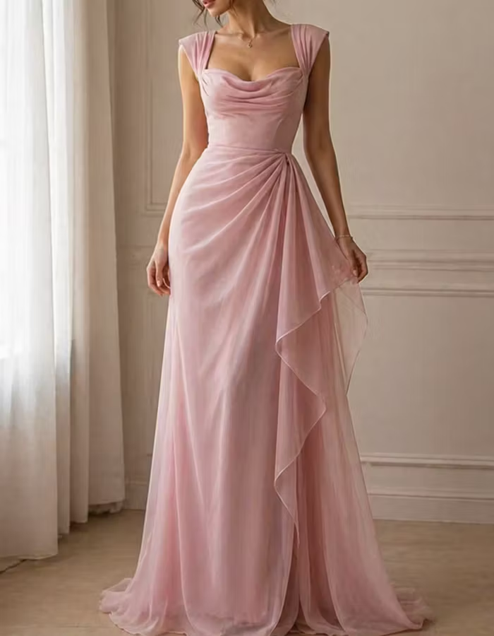 Pale Pink Chiffon Draped Maxi Dress