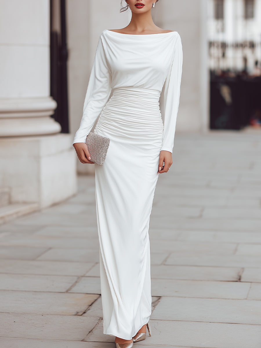 White Draped Boat Neck Ruched Waist Maxi Dress