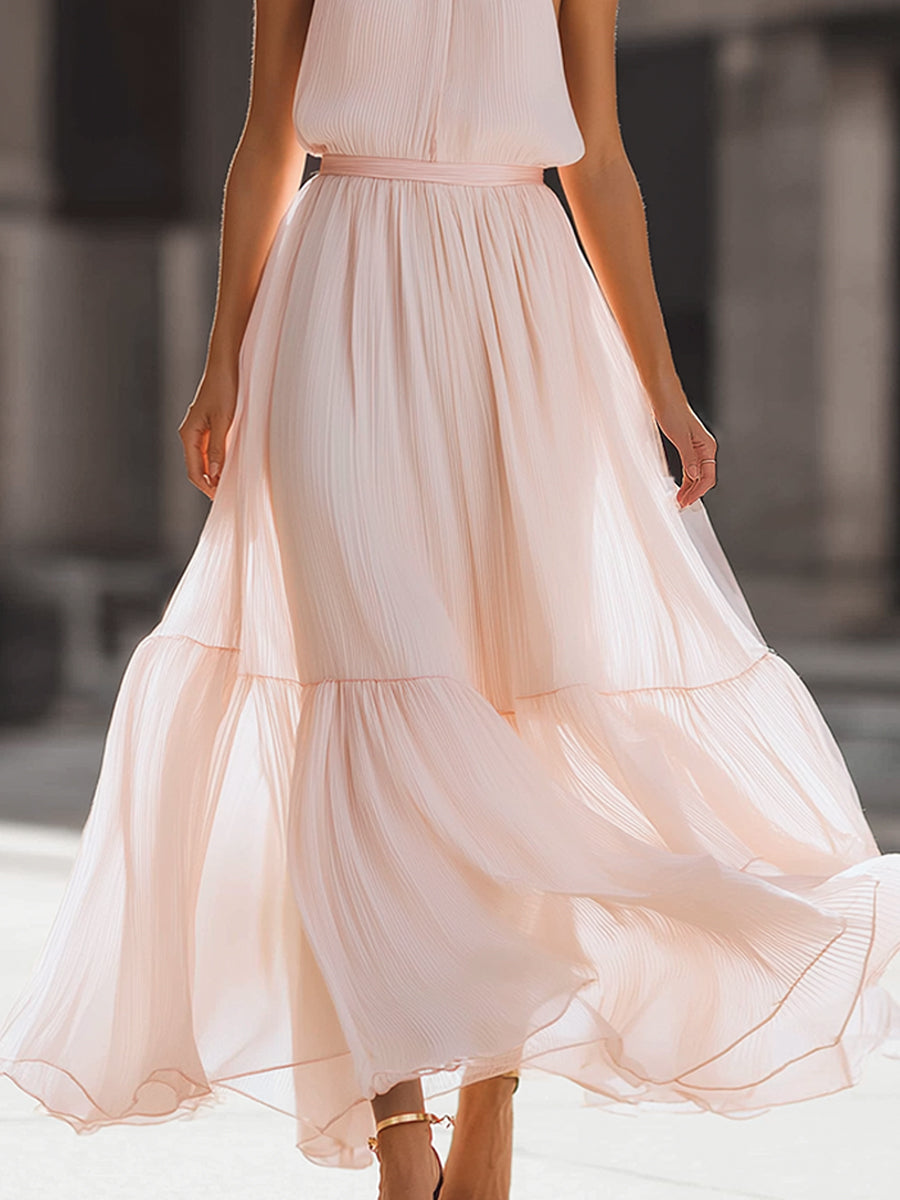 Pleated Halter Neck Flowing Midi Dress