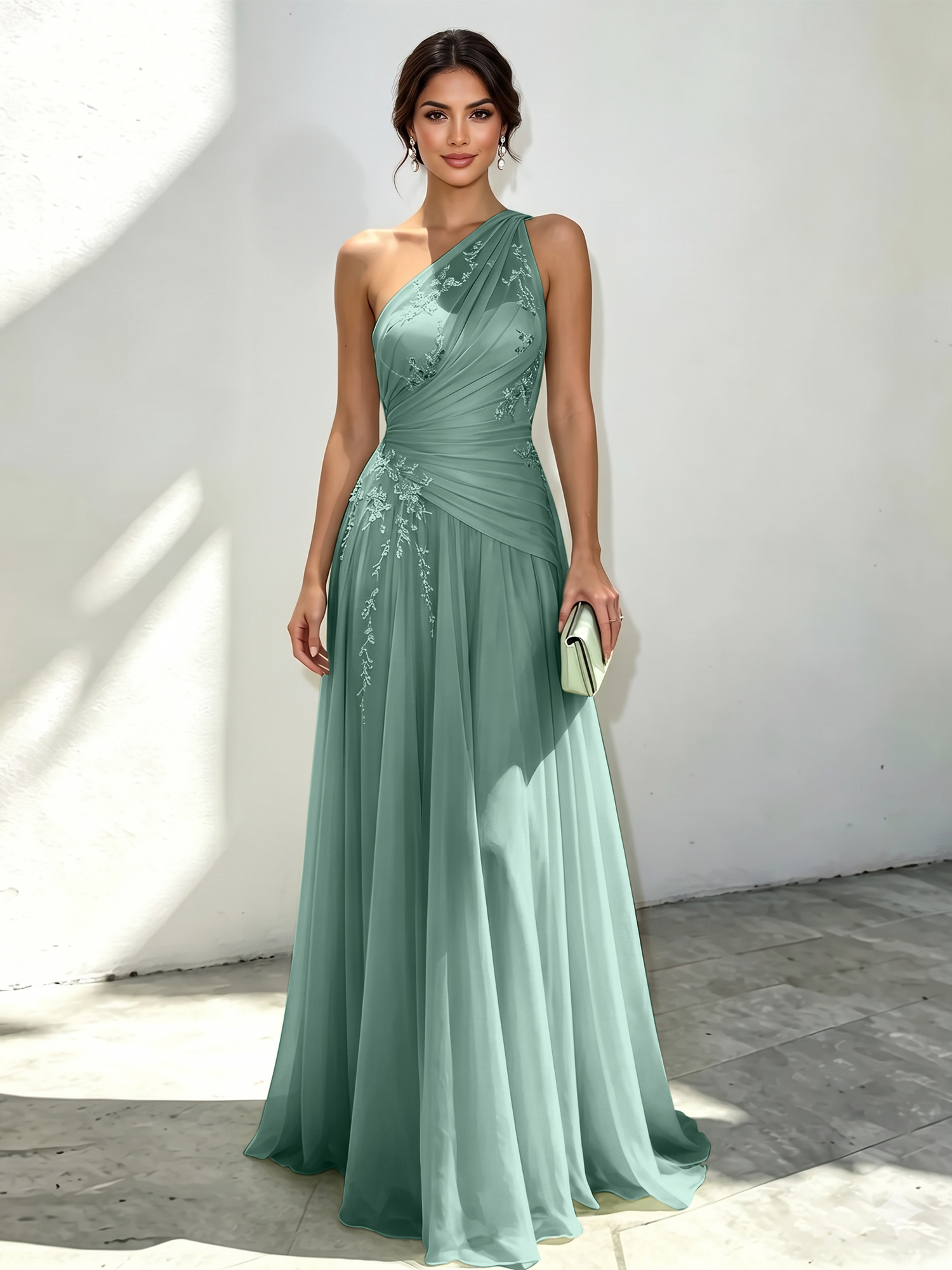 Mint Green Applique 3D Floral Chiffon One Shoulder Sleeveless A-Line Floor Length Dress