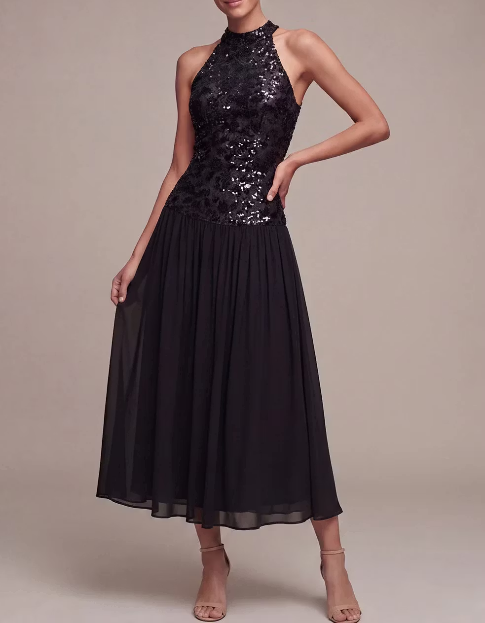 Black Sequin Chiffon Halter Midi Dress