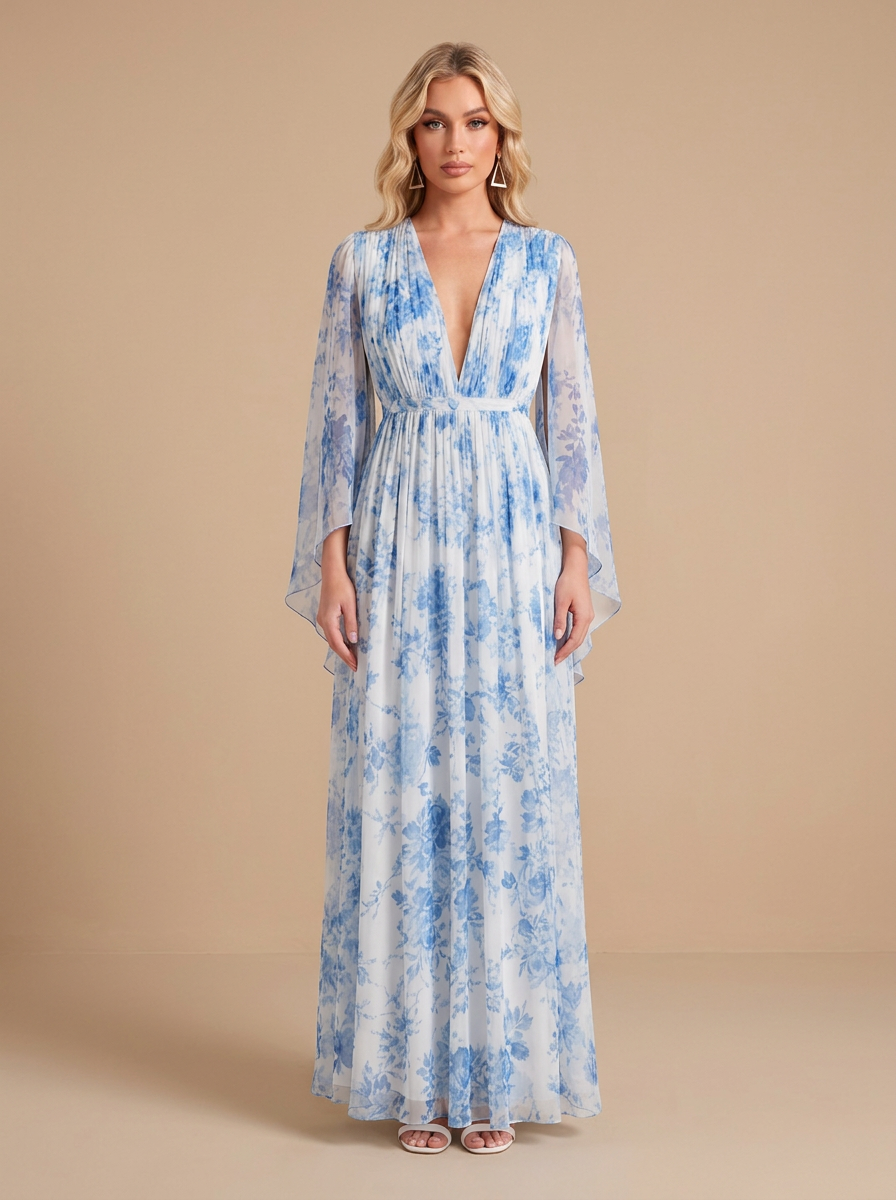 Blue & White Floral Print Deep V-Neck Bell Sleeve Chiffon Maxi Dress