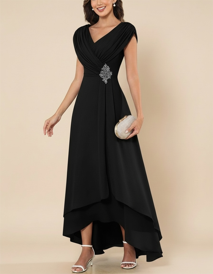 V-neck Cross-pleated Chiffon Maxi Dress