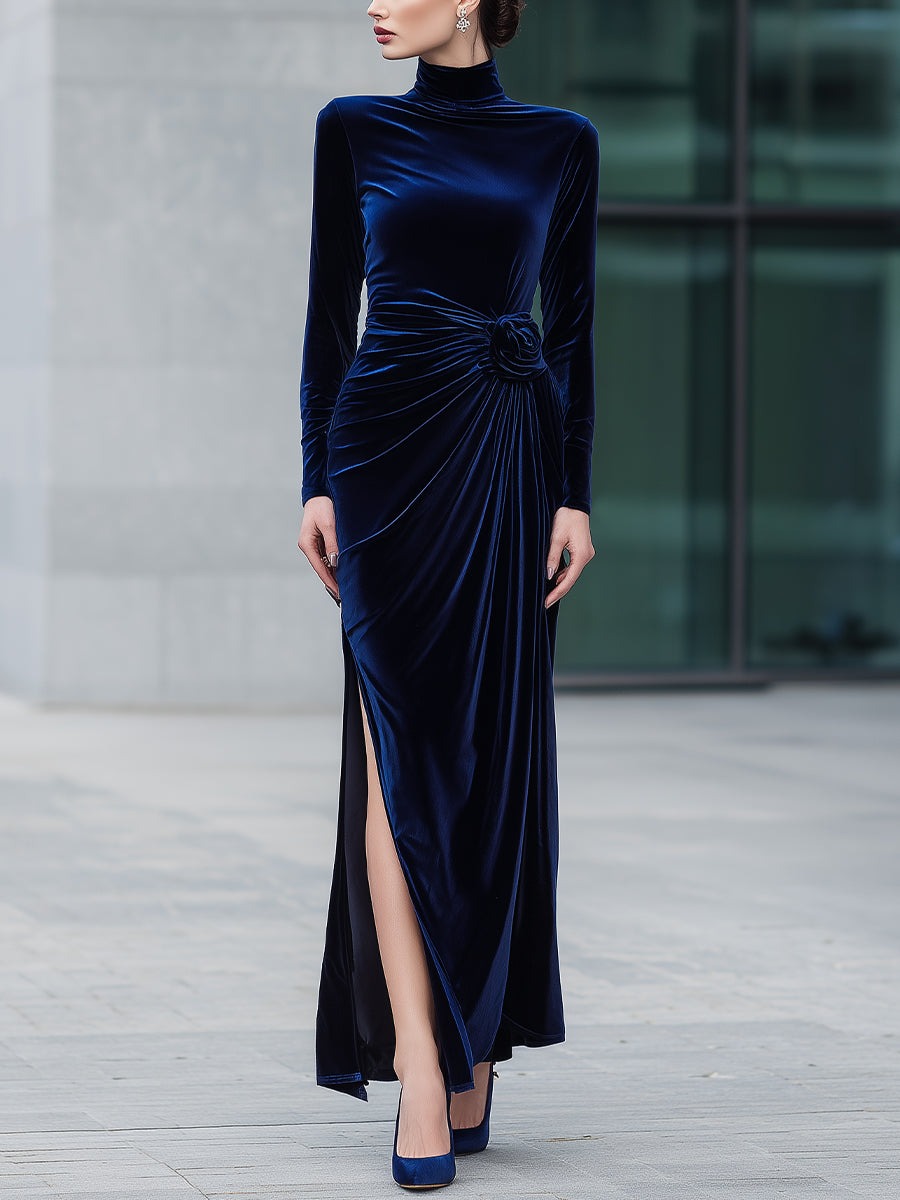 Velvet High-Neck Ruched Evening Gown